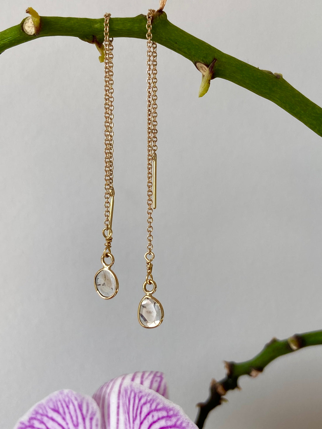 Salt and Pepper Diamond Slice Threader Earrings, 18k Gold, April Birthstone Earrings