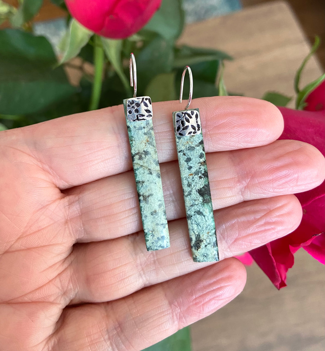 Long African Turquoise Rectangular Slab Earrings