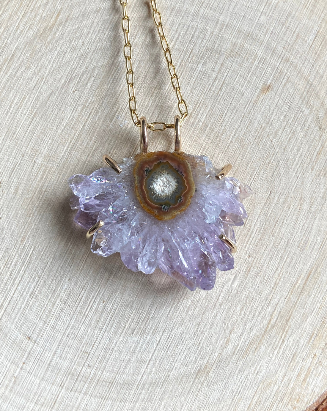 Uruguay Amethyst Stalactite Slice Pendant Necklace, Natural Amethyst Crystal Healing Protective Pendant, February Birthstone
