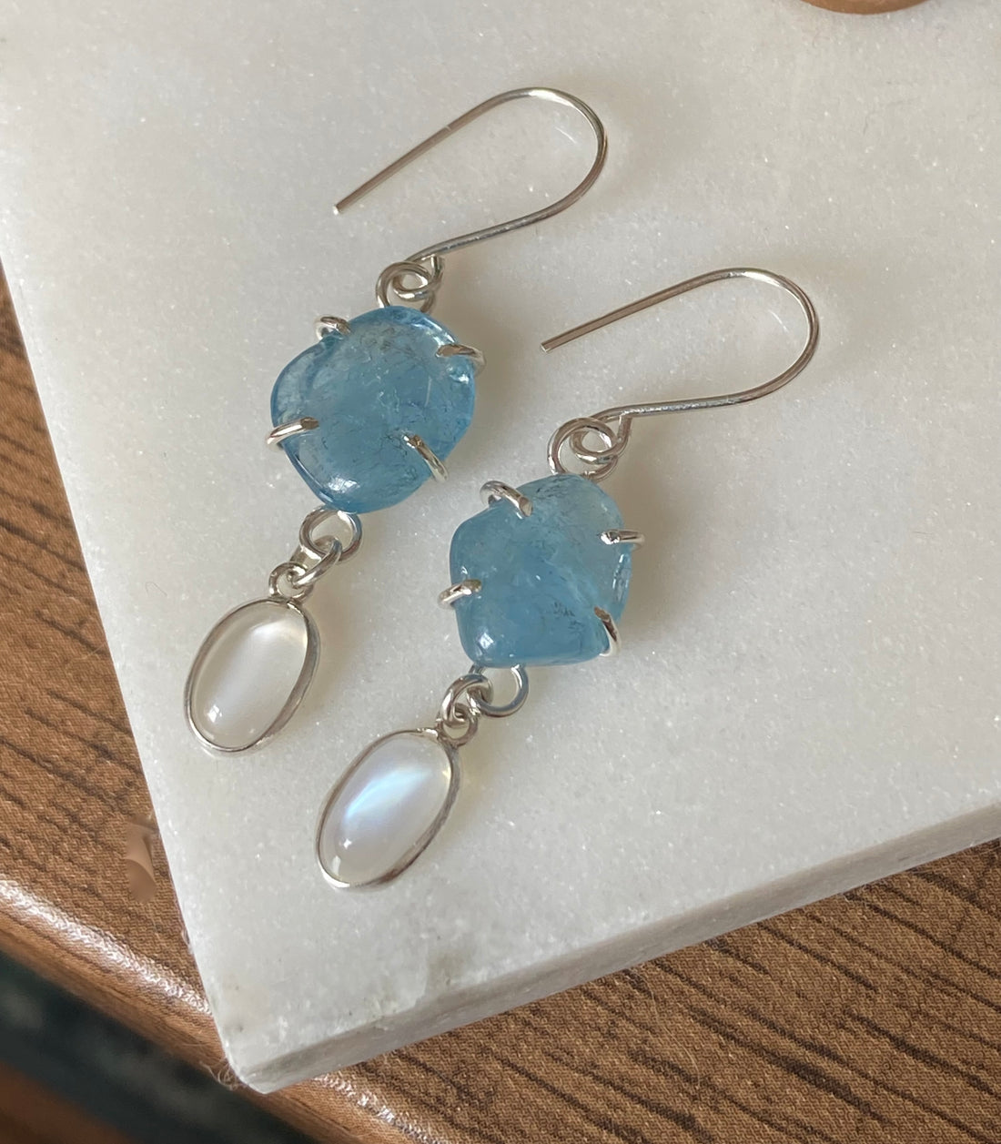 Brazilian Aquamarine and Sri Lankan Moonstone Earrings, March June Birthstone Earrings