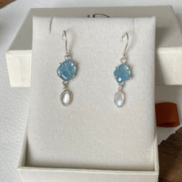 Brazilian Aquamarine and Sri Lankan Moonstone Earrings, March June Birthstone Earrings