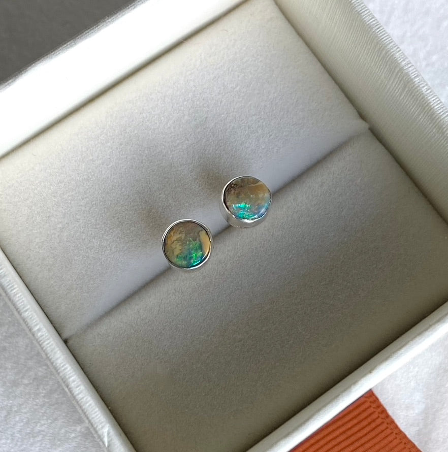 Australian Boulder Matrix Opal Stud Earrings, October Birthstone Earrings