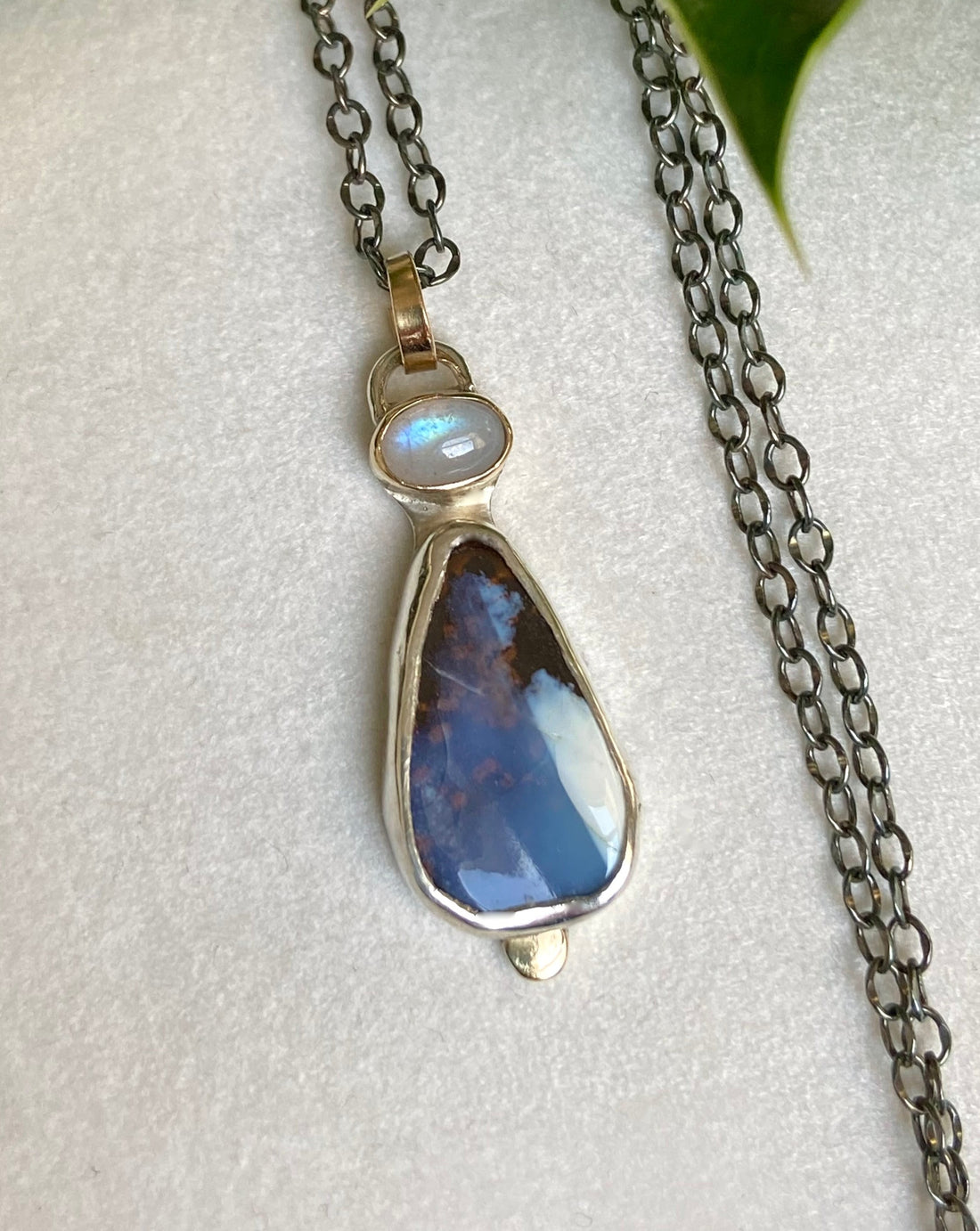 Australian Boulder Opal and Sri Lankan Moonstone Pendant Necklace, October June Birthstone Necklace
