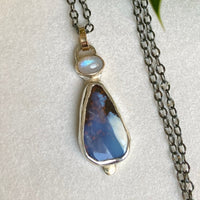 Australian Boulder Opal and Sri Lankan Moonstone Pendant Necklace, October June Birthstone Necklace