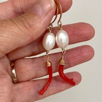 Vintage Italian Red Coral Branch and Pearl Earrings