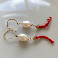 Vintage Italian Red Coral Branch and Pearl Earrings