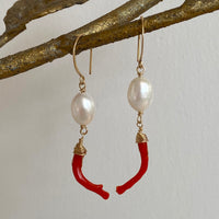 Vintage Italian Red Coral Branch and Pearl Earrings