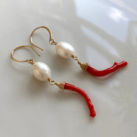 Vintage Italian Red Coral Branch and Pearl Earrings