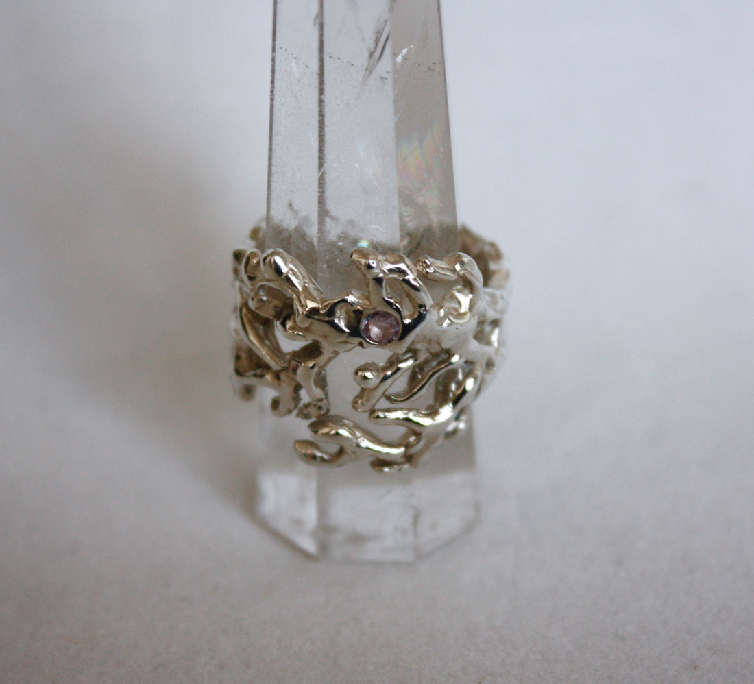 Silver Coral Statement Ring with Pink Sapphire, September Birthstone Ring