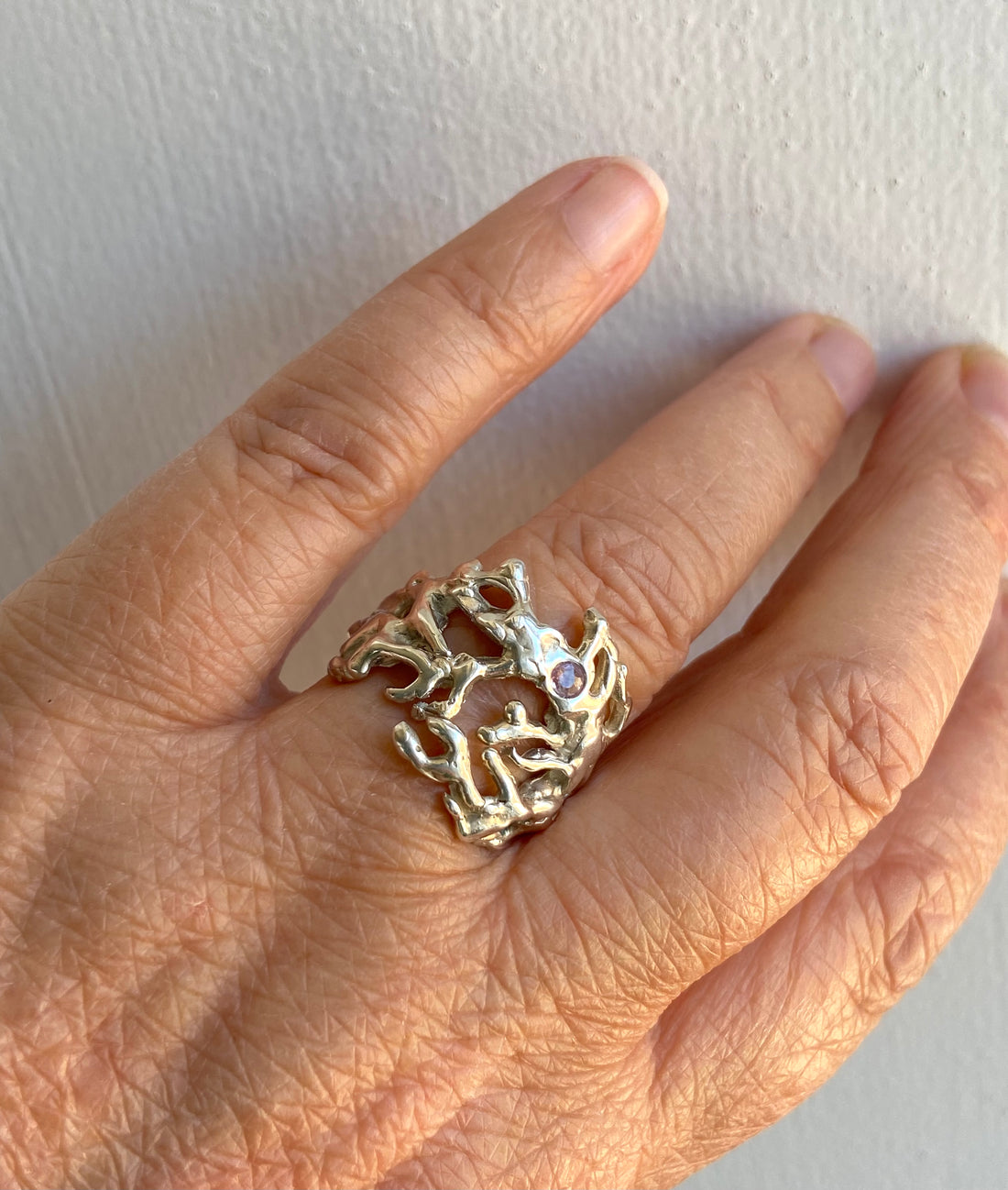 Silver Coral Statement Ring with Pink Sapphire, September Birthstone Ring