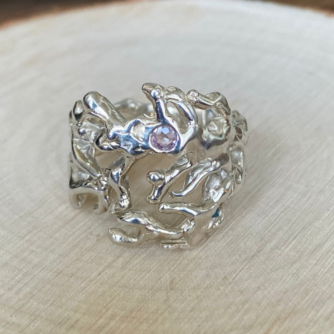 Silver Coral Statement Ring with Pink Sapphire, September Birthstone Ring