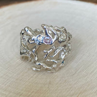 Silver Coral Statement Ring with Pink Sapphire, September Birthstone Ring