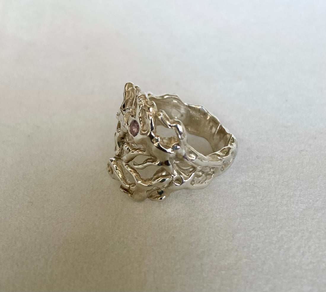 Silver Coral Statement Ring with Pink Sapphire, September Birthstone Ring