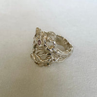 Silver Coral Statement Ring with Pink Sapphire, September Birthstone Ring