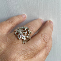 Silver Coral Statement Ring with Pink Sapphire, September Birthstone Ring