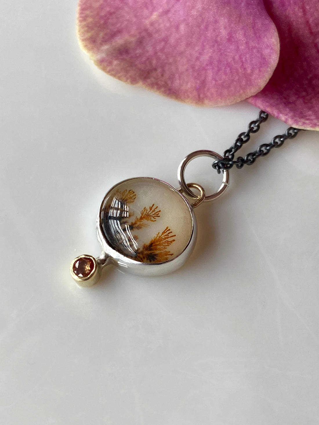 Dendritic Agate and  Orange Sapphire Pendant Necklace