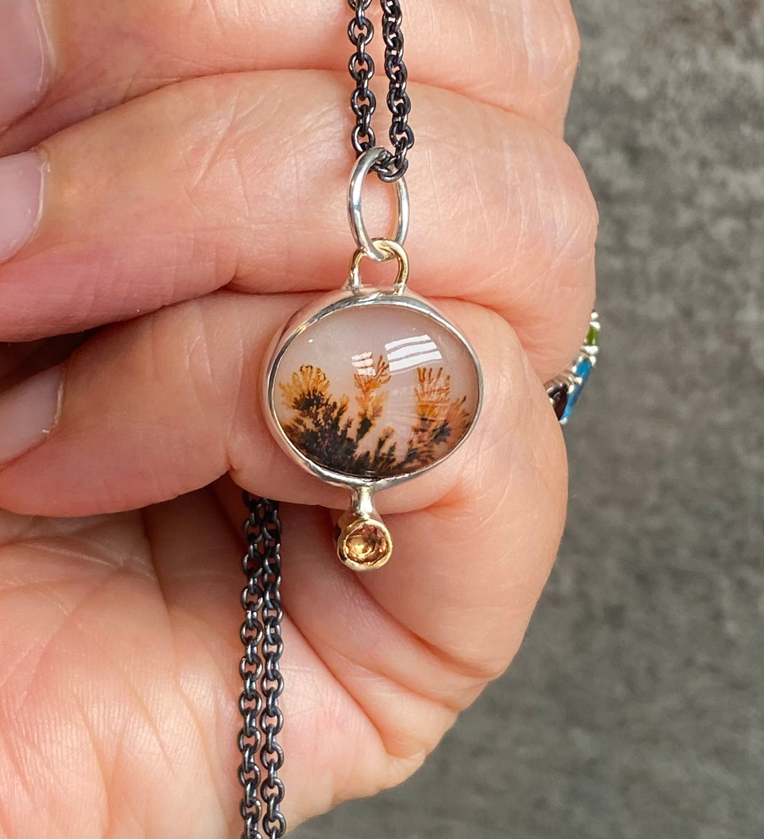 Dendritic Agate and  Orange Sapphire Pendant Necklace