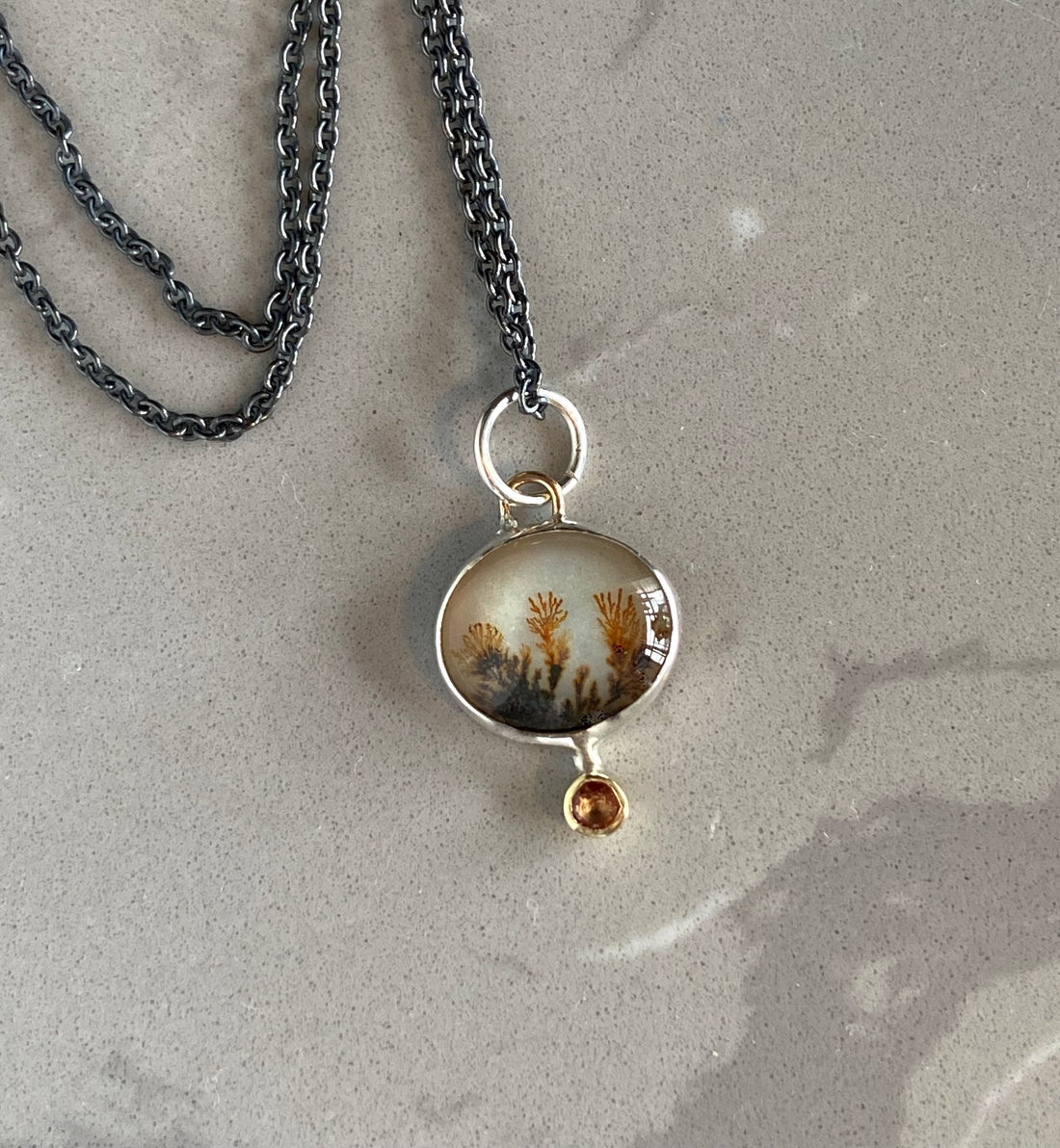 Dendritic Agate and  Orange Sapphire Pendant Necklace