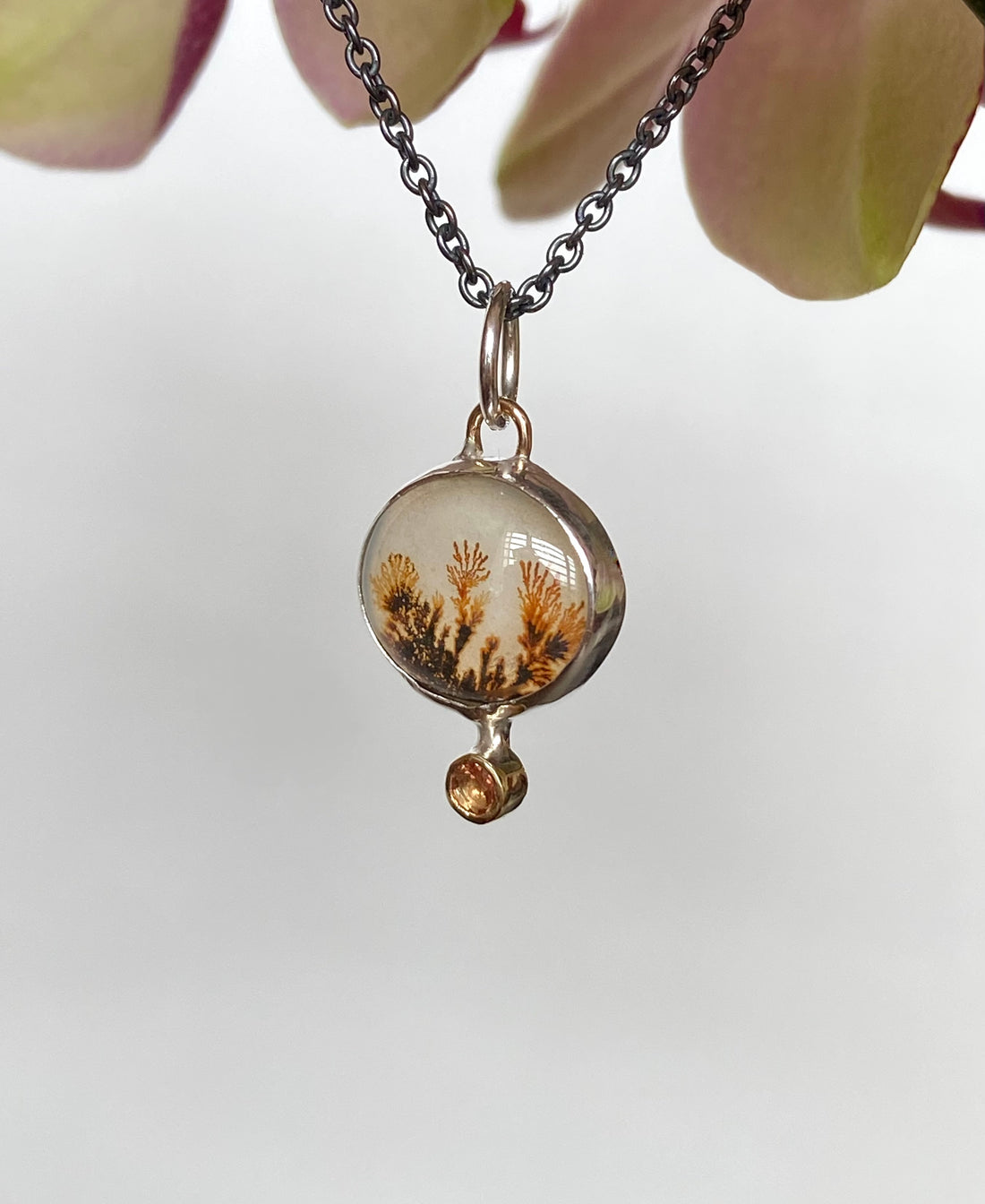 Dendritic Agate and  Orange Sapphire Pendant Necklace