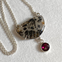 Dendritic Agate and  Rhodolite Garnet Pendant Necklace, January and May Birthstone Necklace