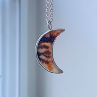 Dendritic Agate Crescent Moon Pendant Necklace, May Birthstone
