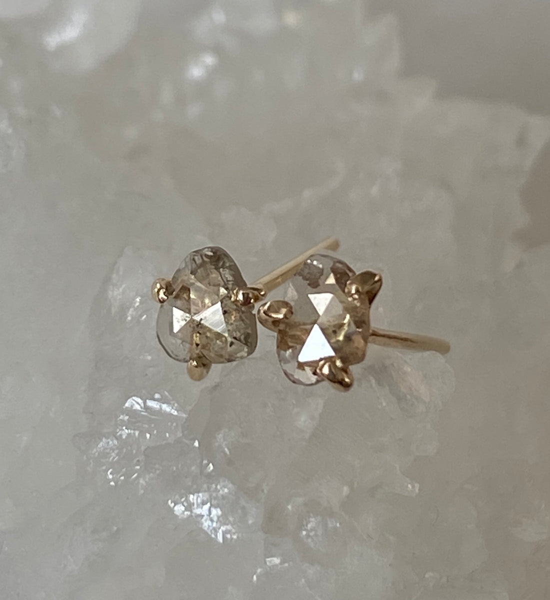 One-of-a-kind 14k Gold Rose Cut Salt and Pepper Diamond Earrings, April Birthstone Earrings, Bridesmaid Earrings