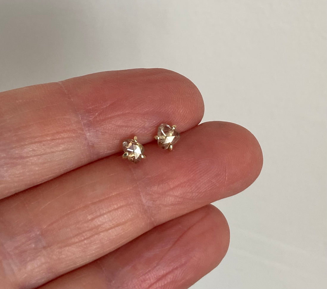 One-of-a-kind 14k Gold Rose Cut Salt and Pepper Diamond Earrings, April Birthstone Earrings, Bridesmaid Earrings