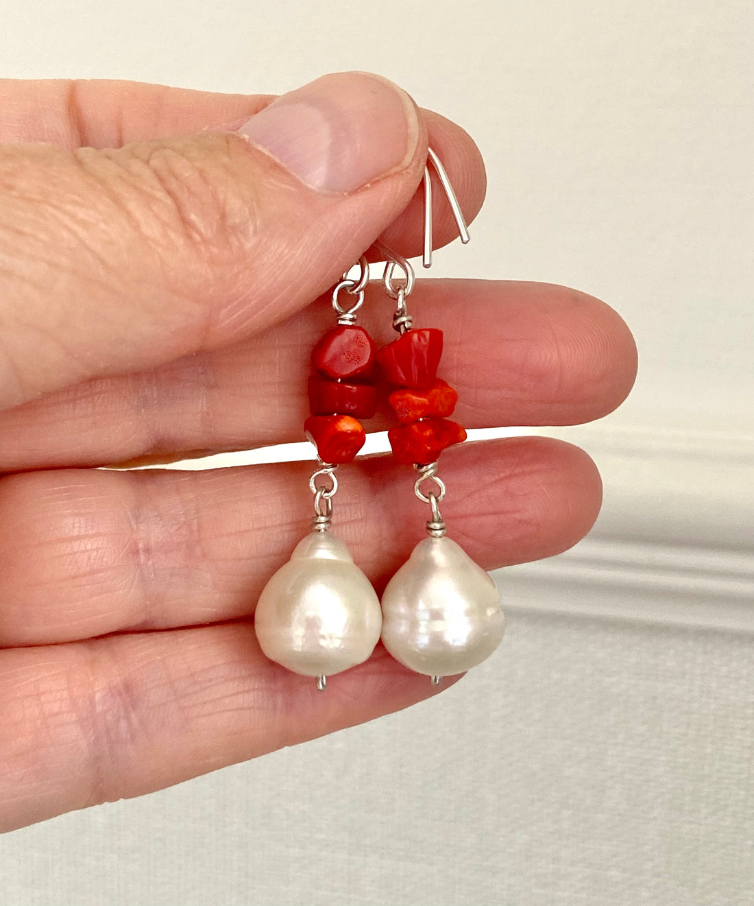 Cream White Edison Pearl and Vintage Italian Red Coral Earrings