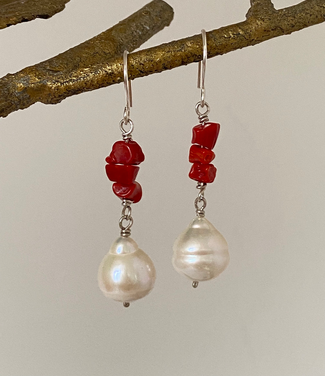 Cream White Edison Pearl and Vintage Italian Red Coral Earrings