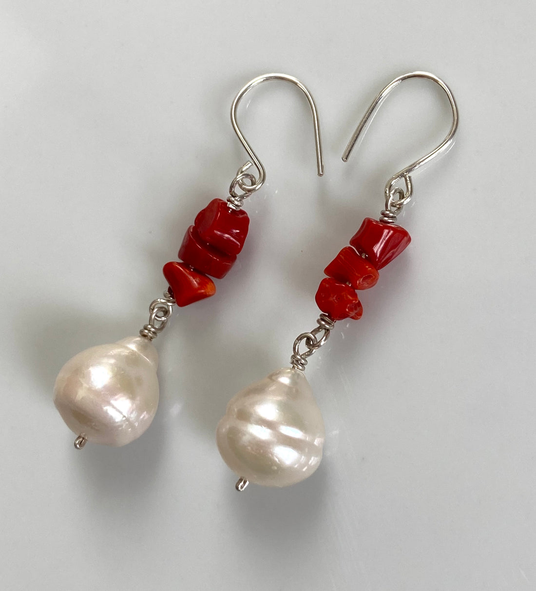 Cream White Edison Pearl and Vintage Italian Red Coral Earrings