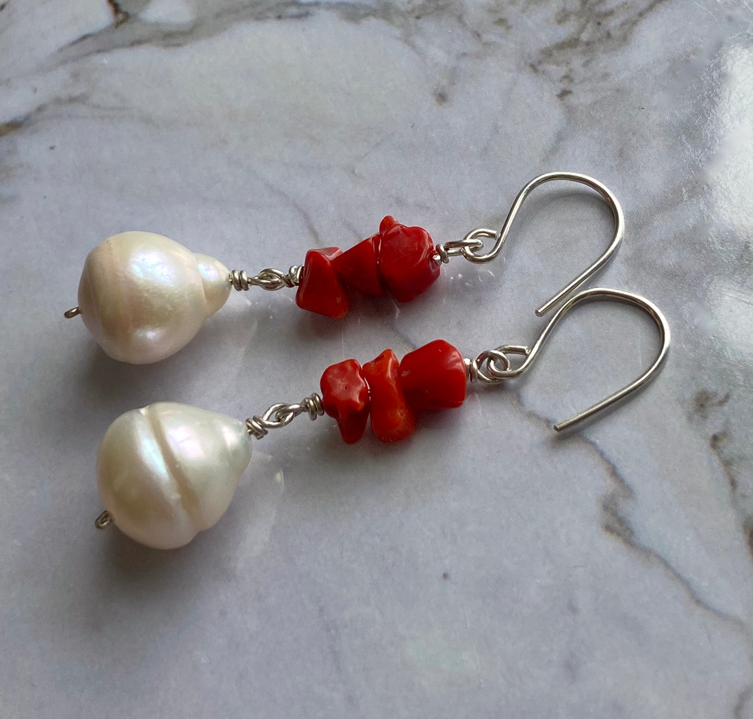 Cream White Edison Pearl and Vintage Italian Red Coral Earrings