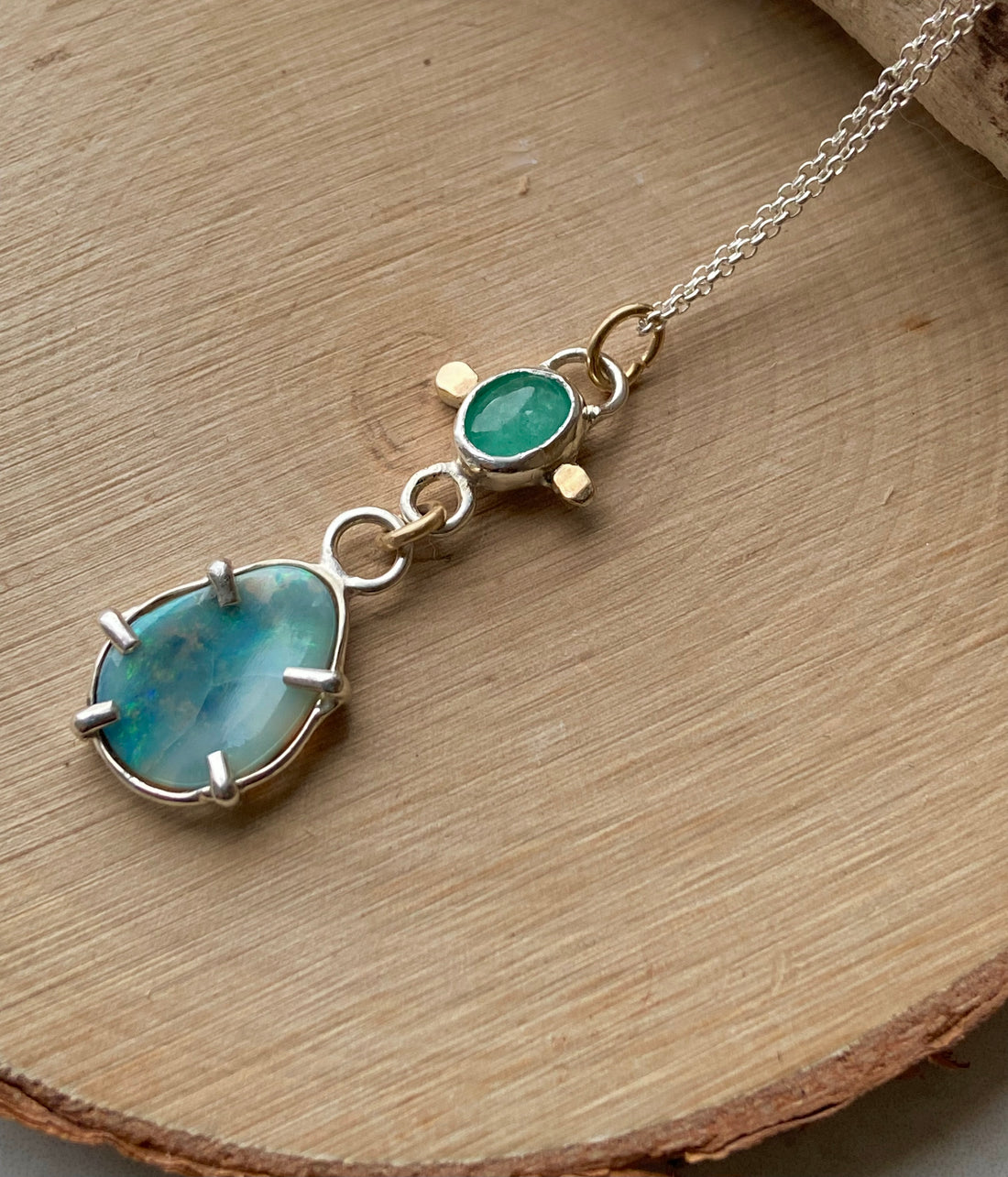 Australian Boulder Opal and Emerald Pendant Necklace, October May Birthstone Necklace