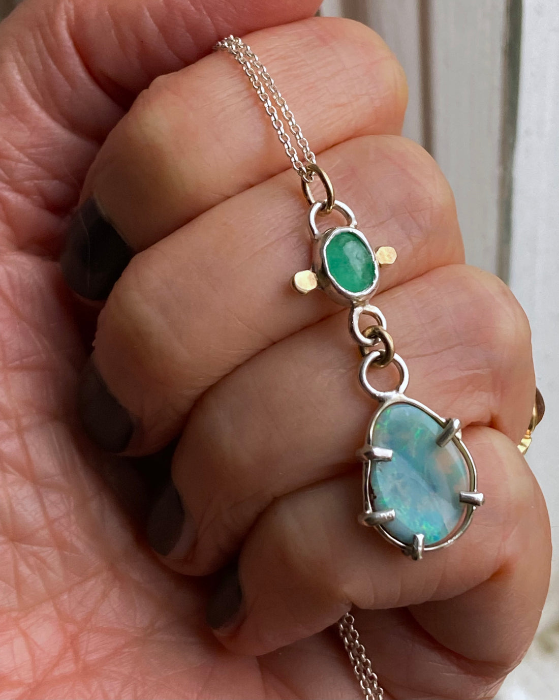 Australian Boulder Opal and Emerald Pendant Necklace, October May Birthstone Necklace