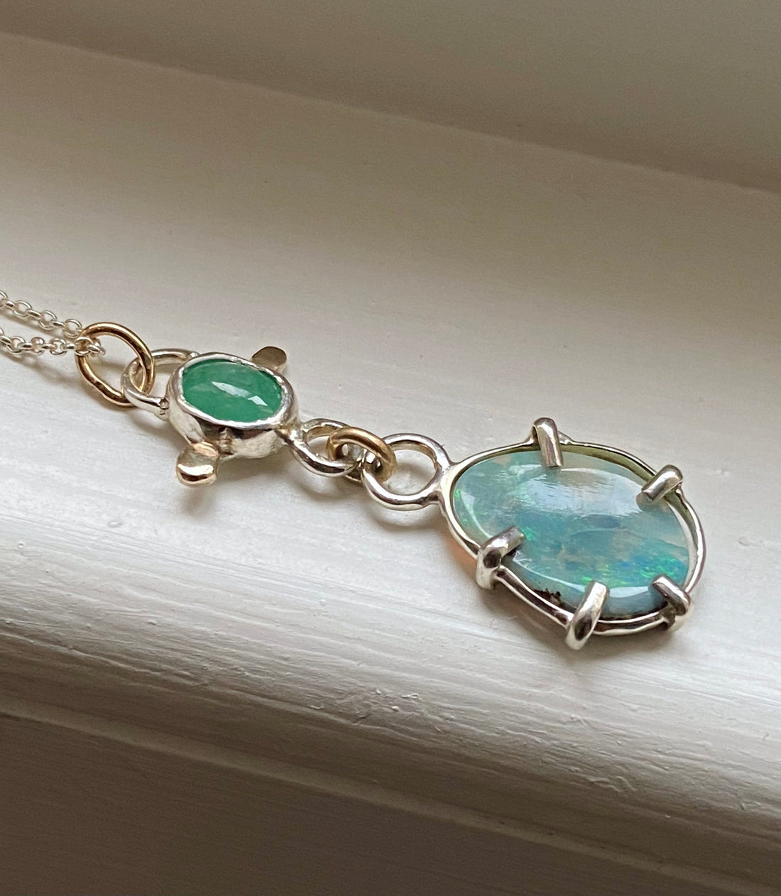 Australian Boulder Opal and Emerald Pendant Necklace, October May Birthstone Necklace