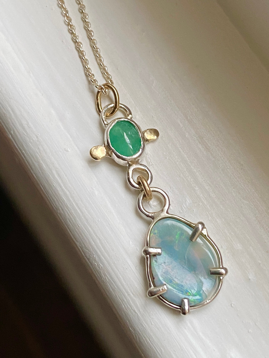 Australian Boulder Opal and Emerald Pendant Necklace, October May Birthstone Necklace
