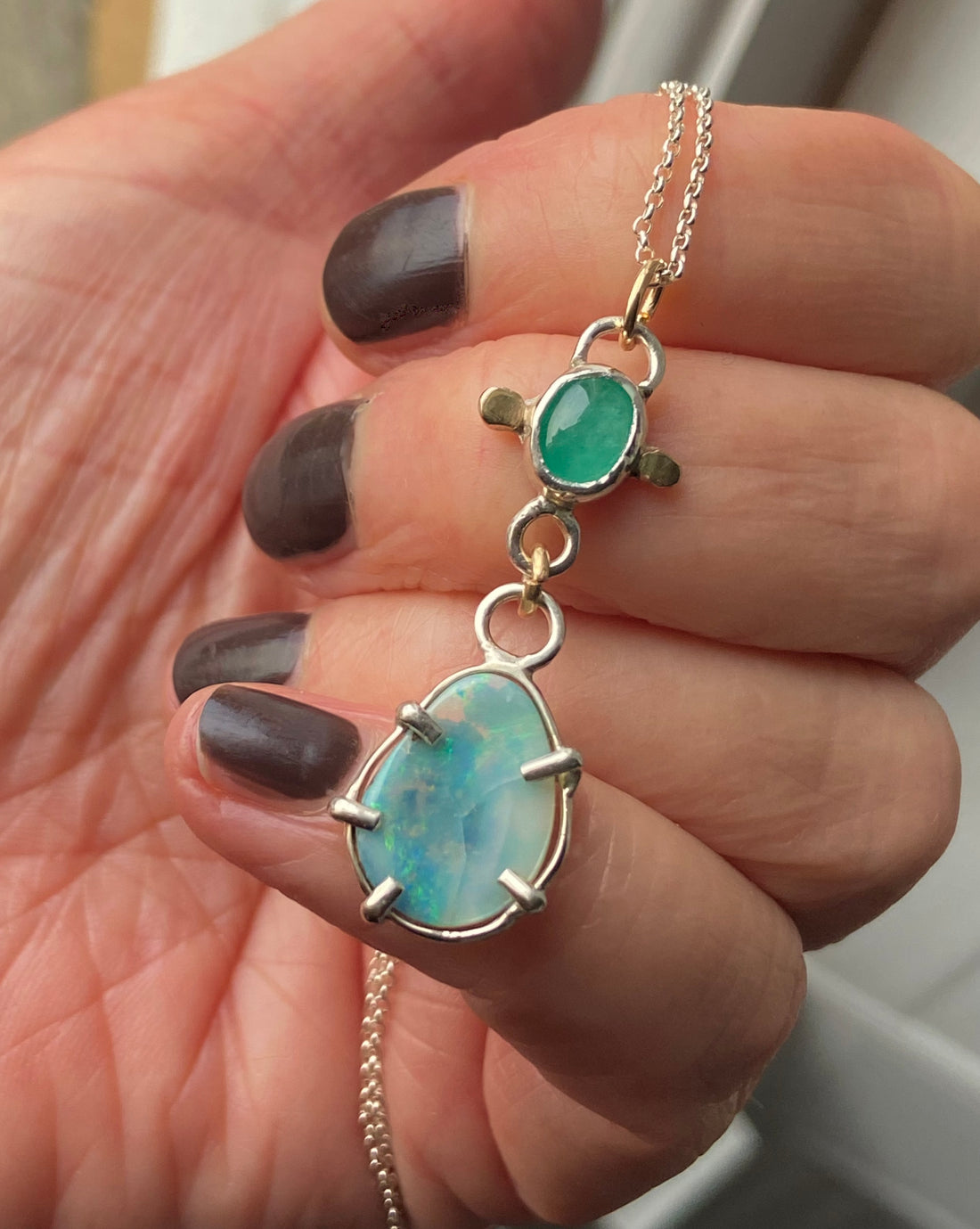 Australian Boulder Opal and Emerald Pendant Necklace, October May Birthstone Necklace