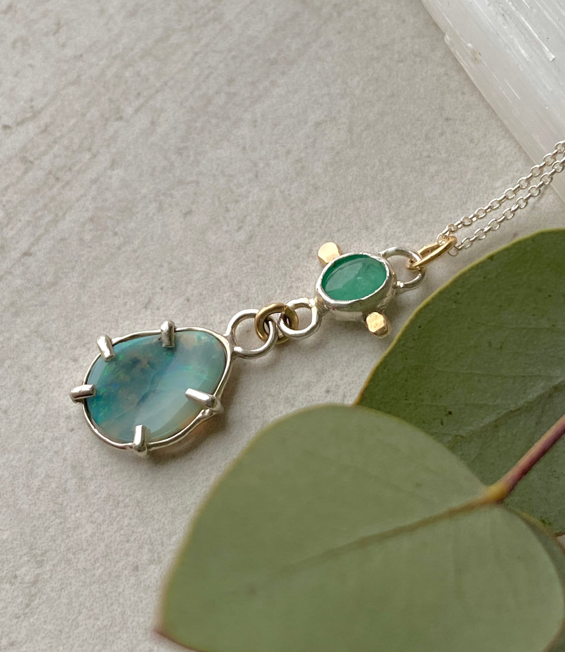 Australian Boulder Opal and Emerald Pendant Necklace, October May Birthstone Necklace