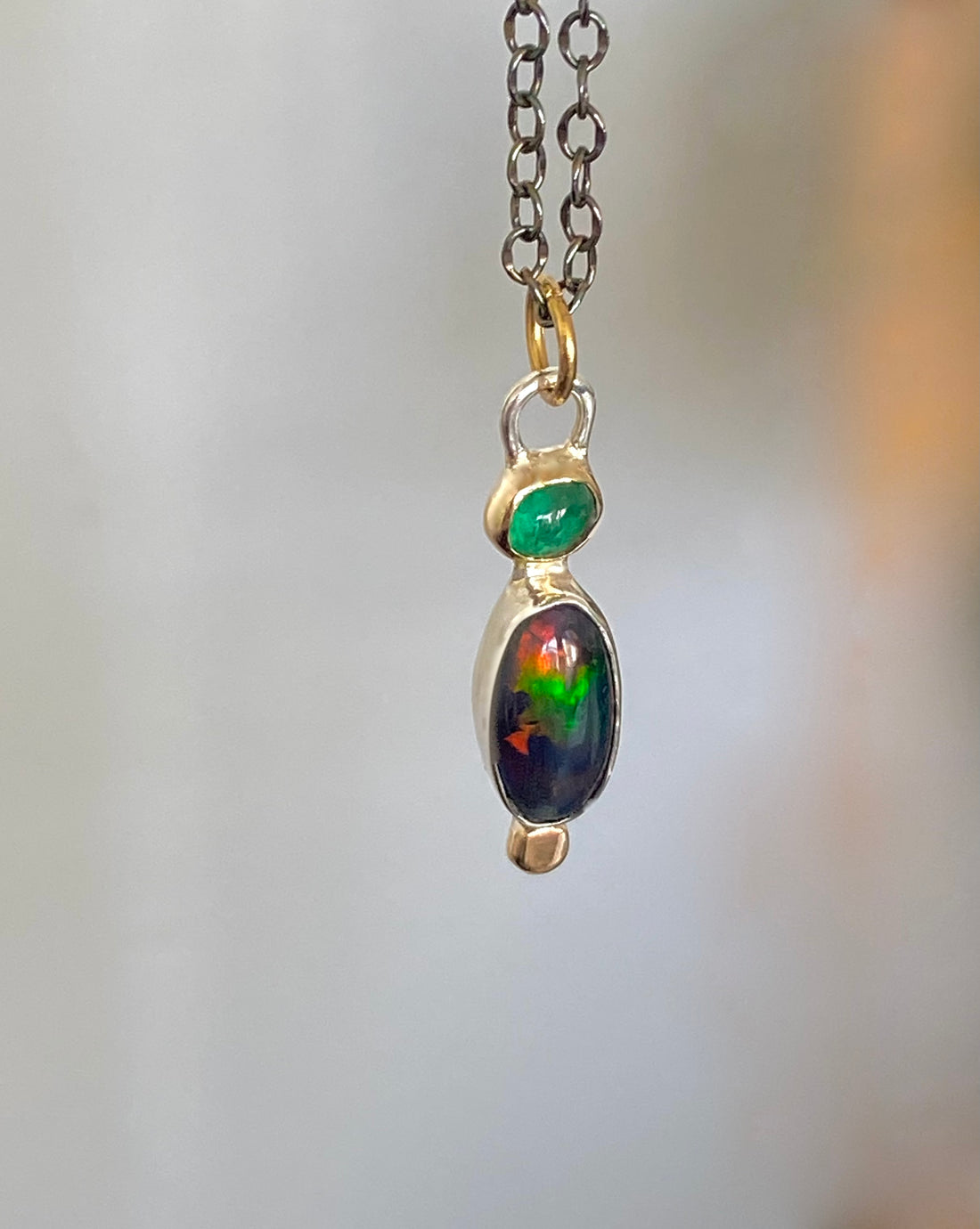 Emerald and Ethiopian Black Opal Pendant Necklace, October and May Birthstone Pendant