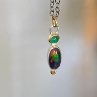 Emerald and Ethiopian Black Opal Pendant Necklace, October and May Birthstone Pendant