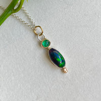 Emerald and Ethiopian Black Opal Pendant Necklace, October and May Birthstone Pendant