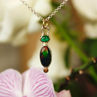 Emerald and Ethiopian Black Opal Pendant Necklace, October and May Birthstone Pendant