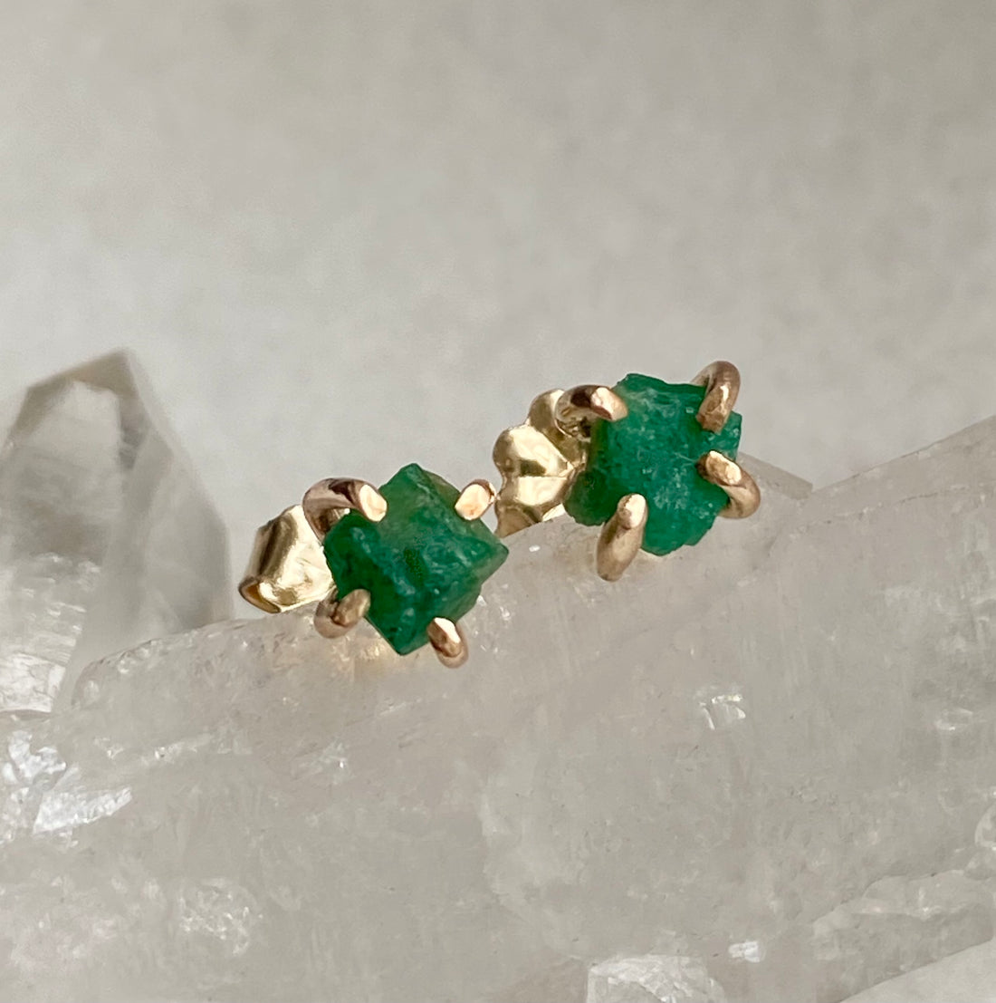 Raw Emerald  Stud Earrings, May Birthstone Earrings