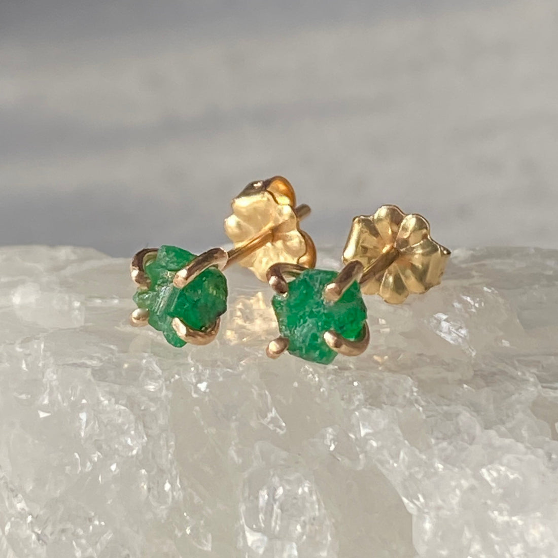 Raw Emerald  Stud Earrings, May Birthstone Earrings