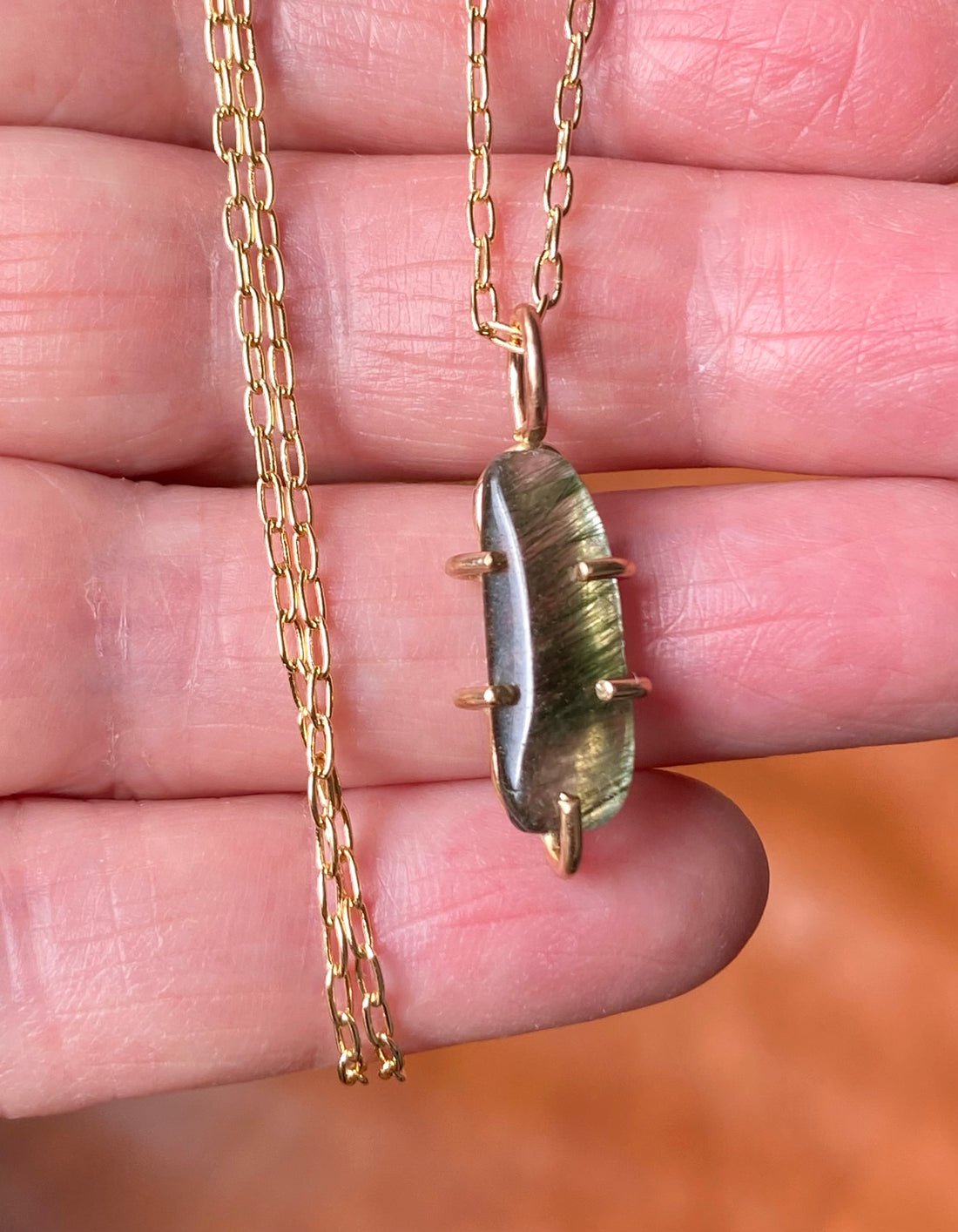 Brazilian Green Tourmalinated / Rutilated Quartz Pendant Necklace
