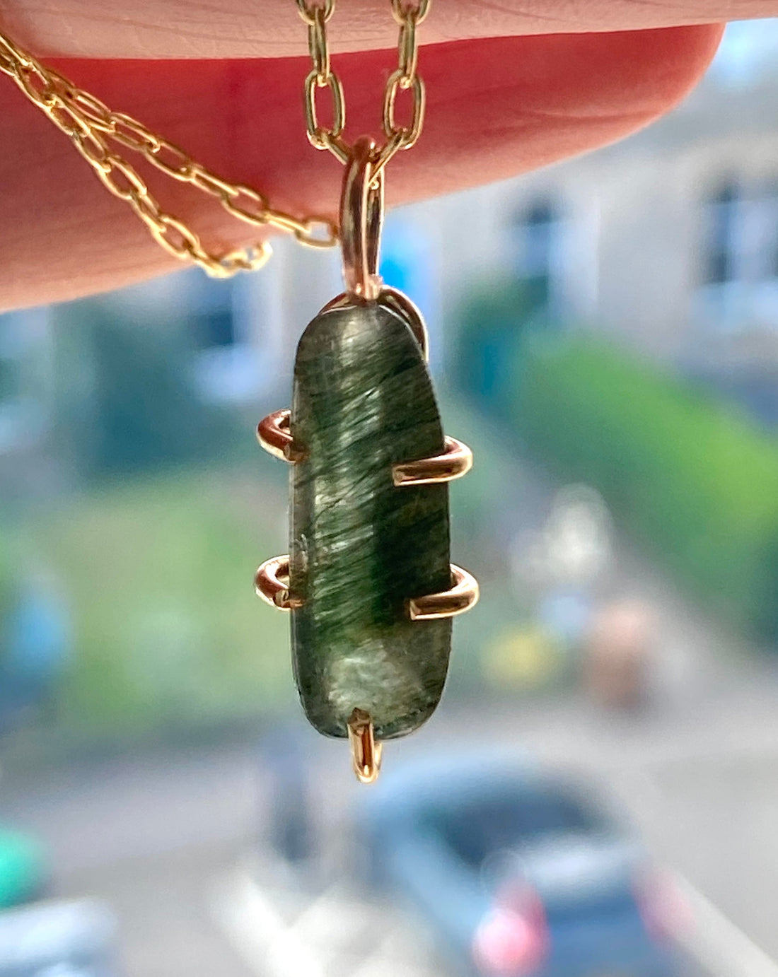 Brazilian Green Tourmalinated / Rutilated Quartz Pendant Necklace