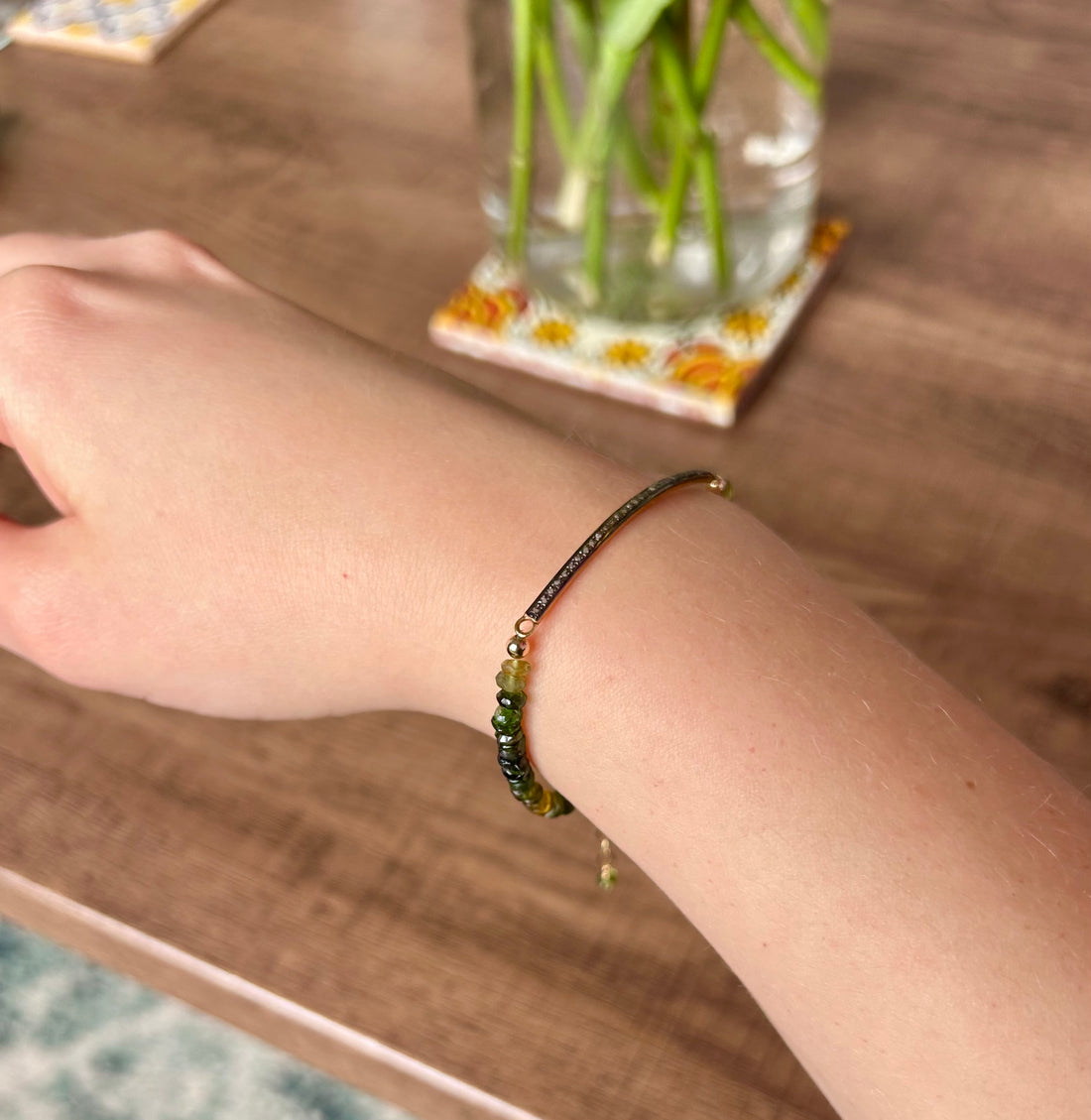 Unisex Diamond Bar and Green Tourmaline Bracelet, October Birthstone Bracelet