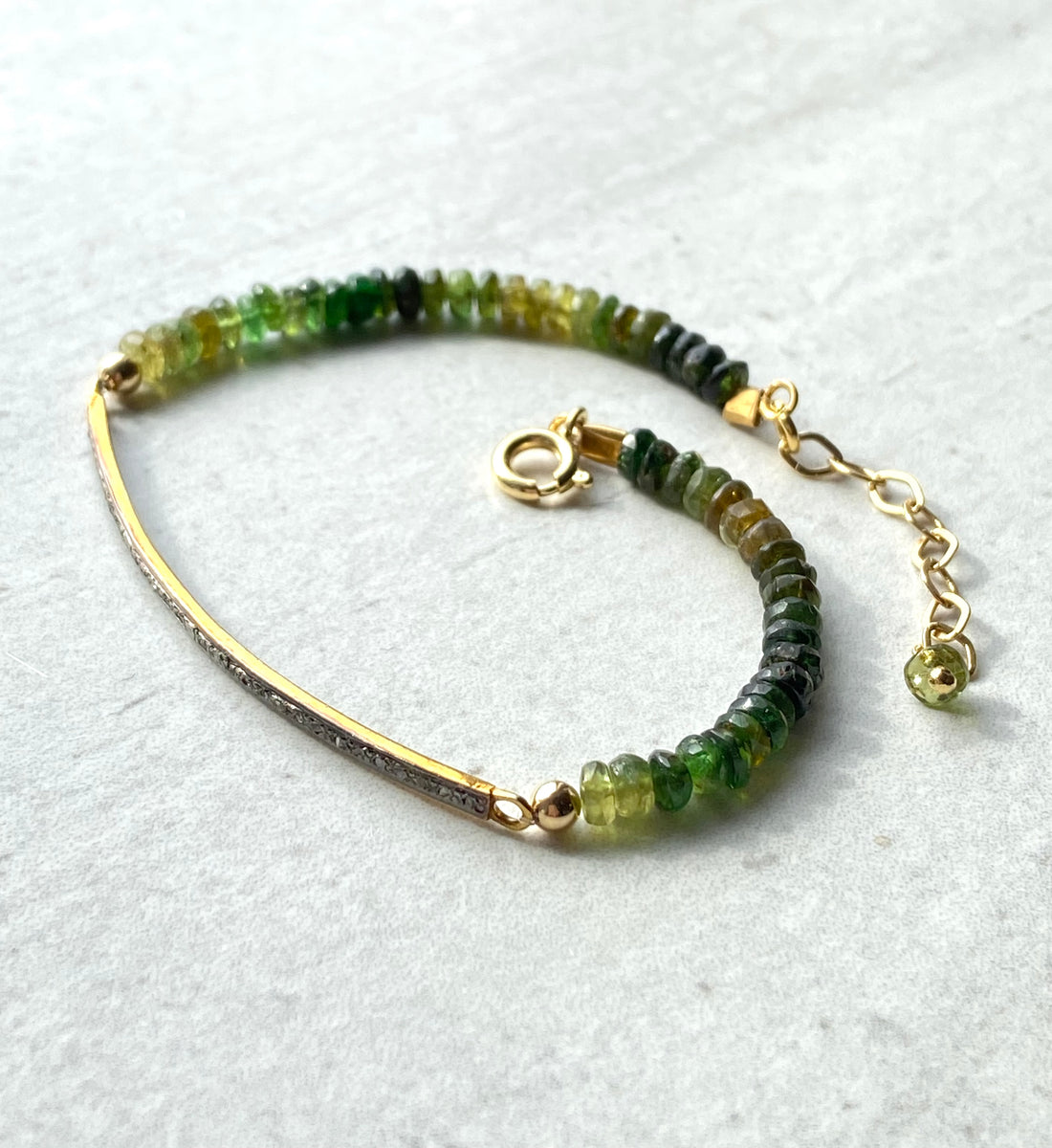 Unisex Diamond Bar and Green Tourmaline Bracelet, October Birthstone Bracelet