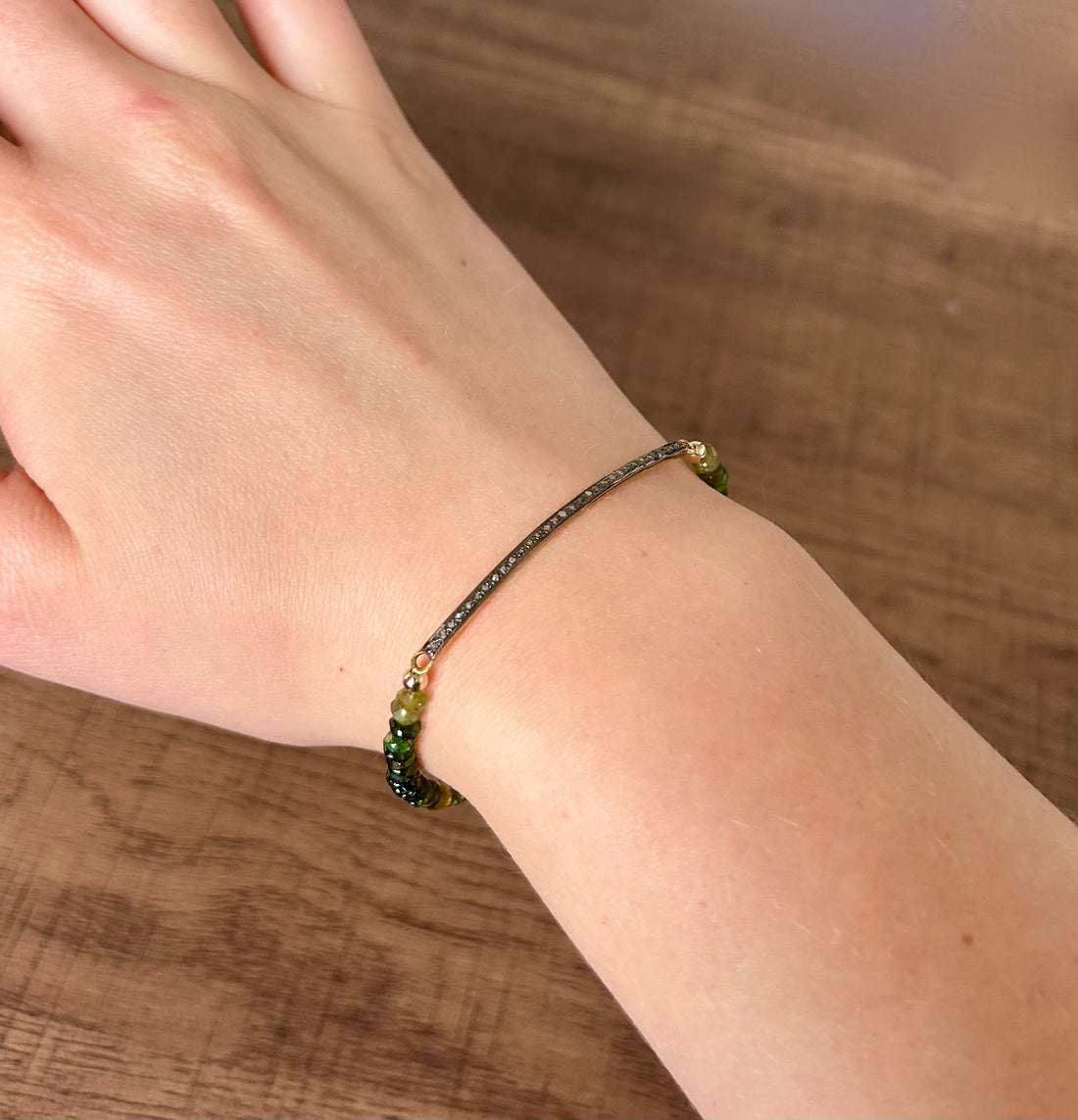 Unisex Diamond Bar and Green Tourmaline Bracelet, October Birthstone Bracelet