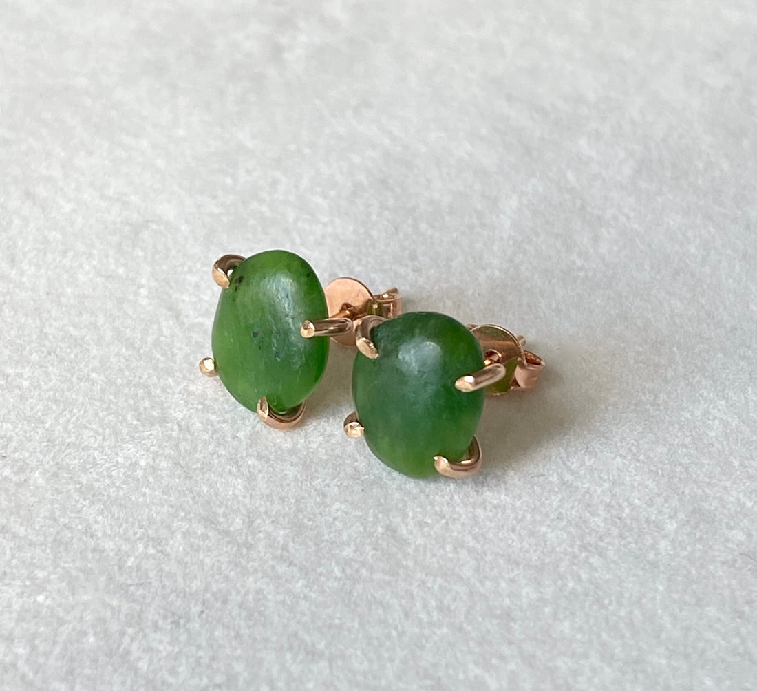 Green Russian Jade Stud Earrings, May Birthstone Earrings
