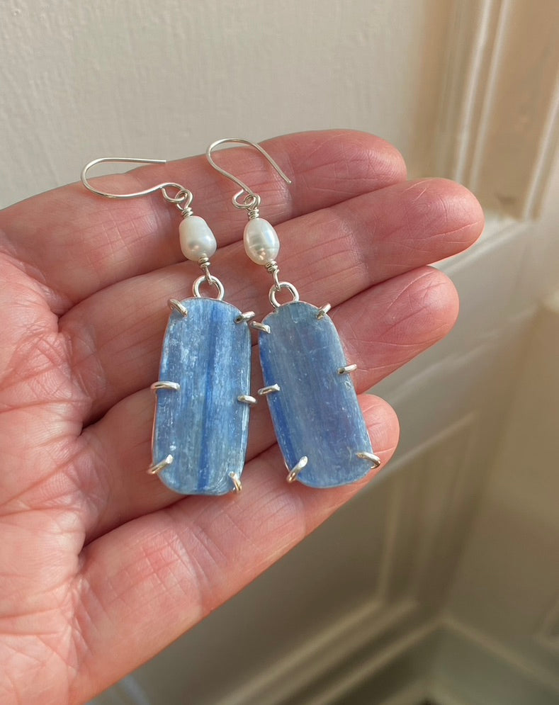 Brazilian Blue Kyanite Slice and Freshwater Pearl Earrings